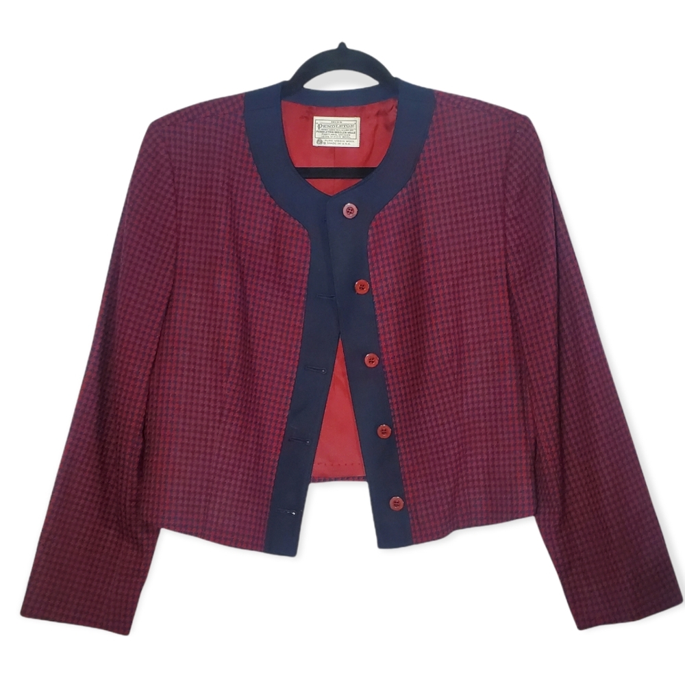 70s or 80s Vintage Miss Pendleton Wool Houndstooth Cropped Button Blazer
